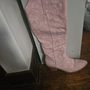 Pink Suede Knee-High Boots